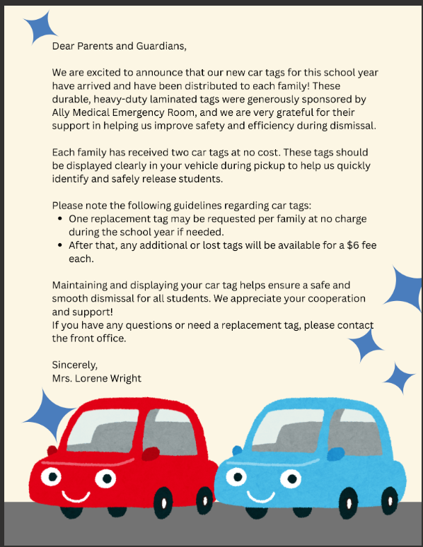 Written letter detailing car rider directions