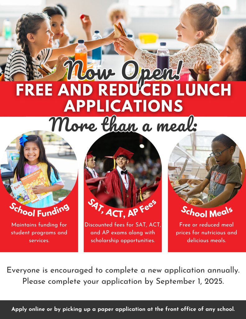 A flyer announcing that free and reduced lunch applications are now open. The top of the flyer features smiling children eating lunch together. Bold red and white text reads “Now Open! Free and Reduced Lunch Applications.” Below it, the flyer highlights the benefits of applying:  A photo of a girl holding school materials is labeled “School Funding” with the note “Maintains funding for student programs and services.”  A photo of a student graduating is labeled “SAT, ACT, AP Fees” with the note “Discounted fees for SAT, ACT, and AP exams along with scholarship opportunities.”  A photo of a student selecting lunch is labeled “School Meals” with the note “Free or reduced meal prices for nutritious and delicious meals.”  Text at the bottom encourages families to complete a new application annually and to do so by September 1, 2025. It notes that applications can be completed online or via paper forms at any school’s front office.