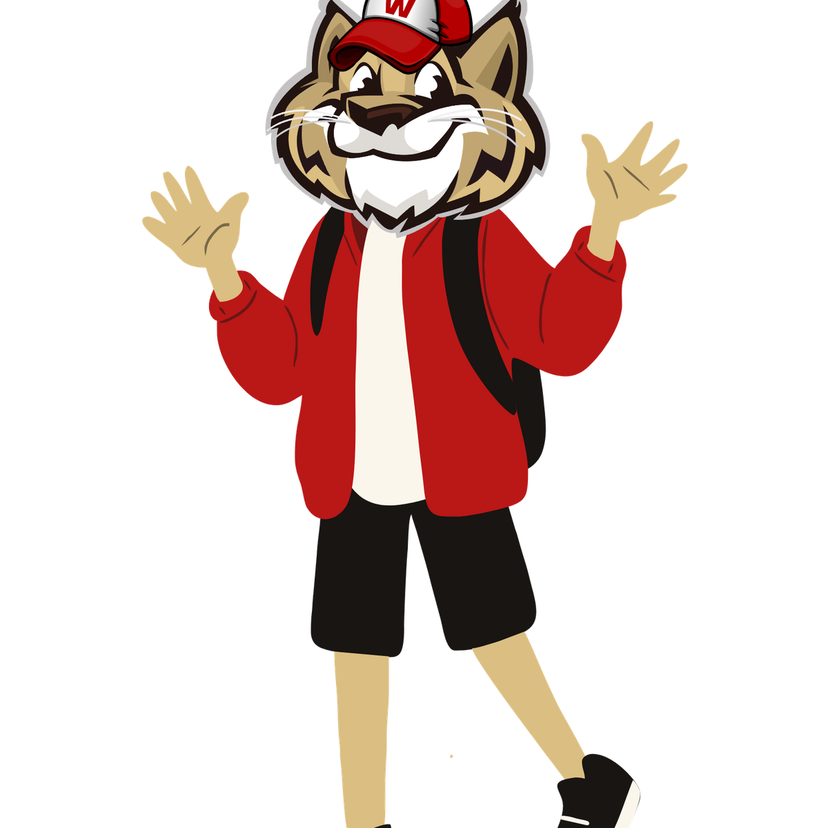 “Cartoon wildcat mascot wearing a red jacket, white shirt, black shorts, black sneakers, and a red cap with a white ‘W.’ The mascot has a backpack and is smiling with both hands raised.”
