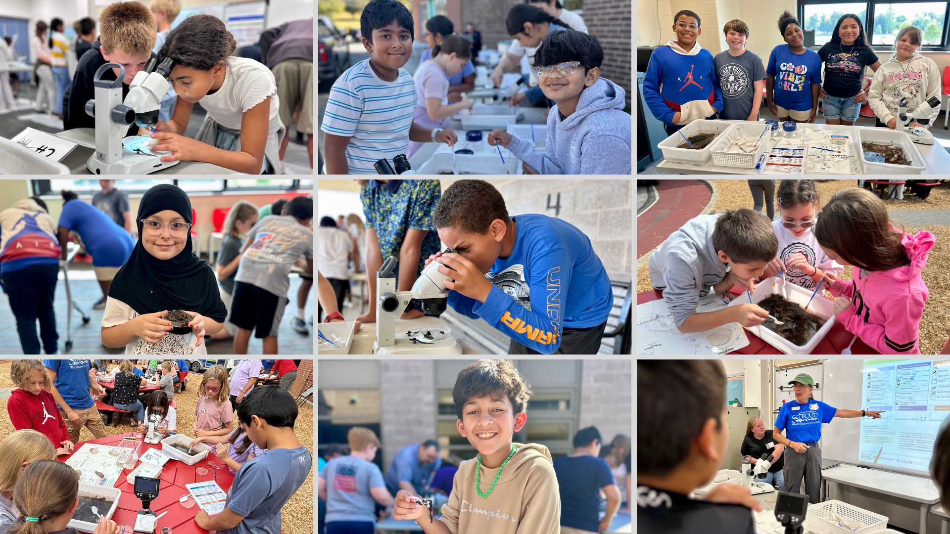 Collage of students engaged in science activities at the Stroud Water Research Center lab.