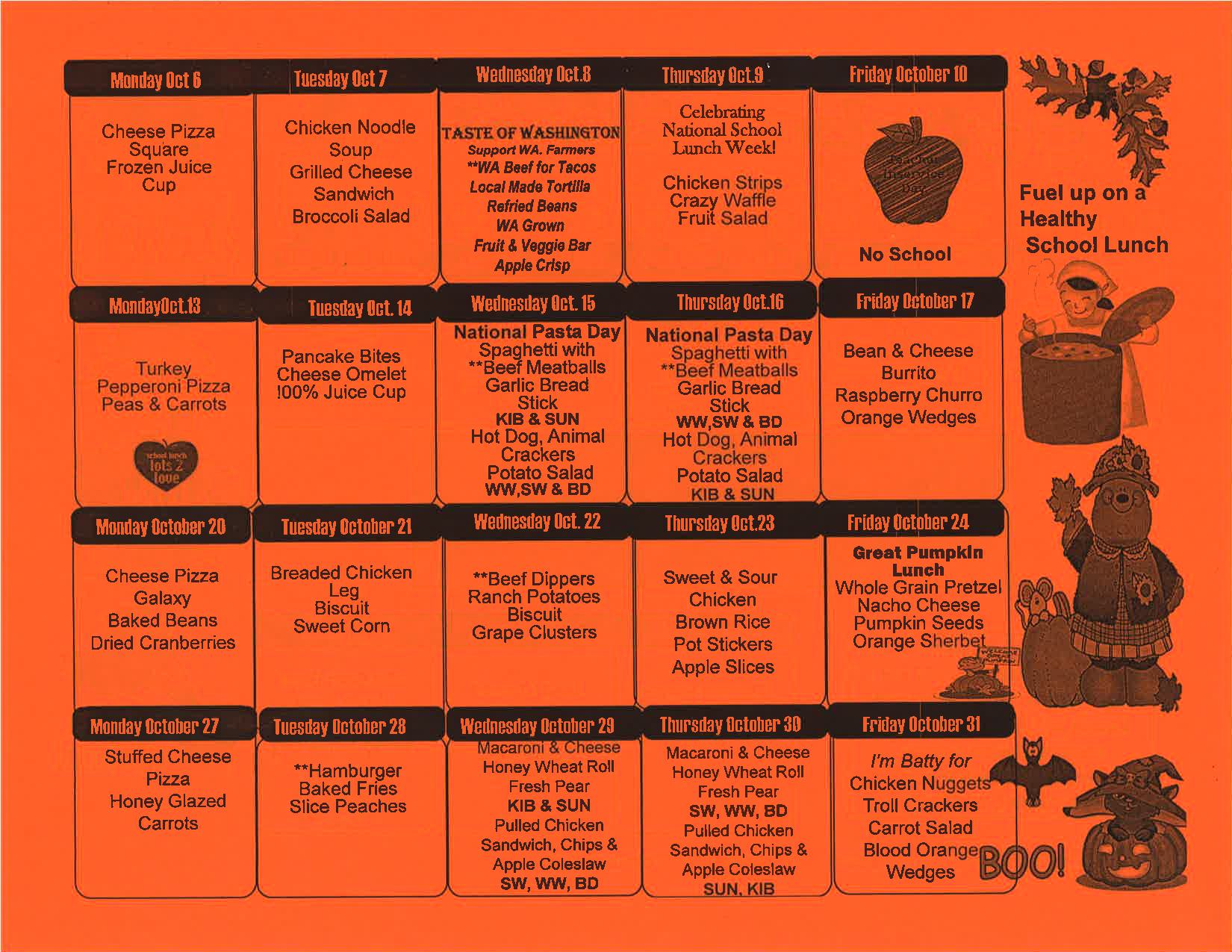 October 2025 Lunch Menu Back Side