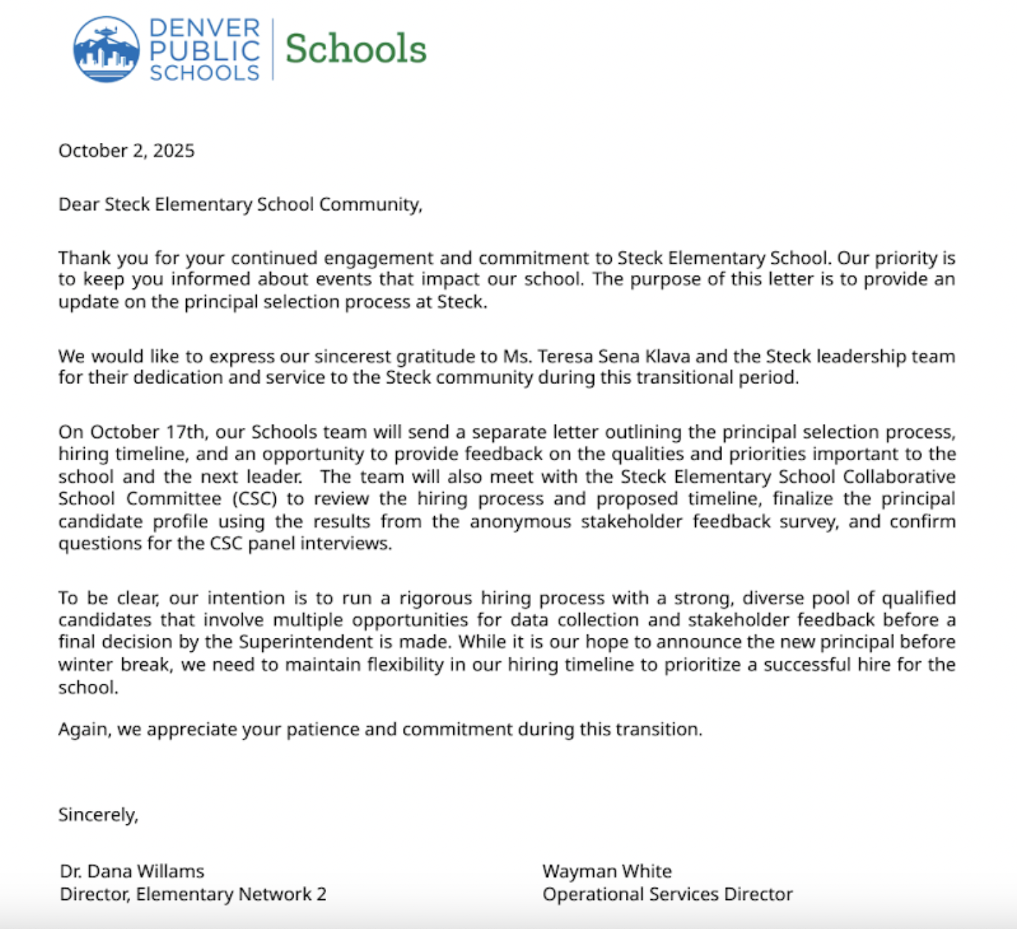 Principal Hiring Update Letter