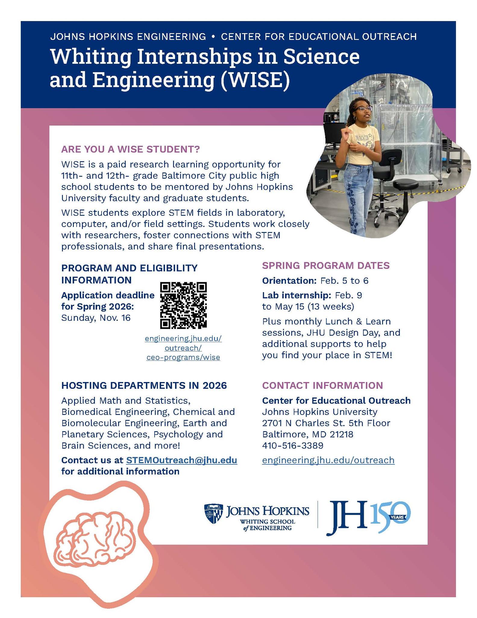 Folleto de pasantías Whiting en Ciencia e Ingeniería (WISE)