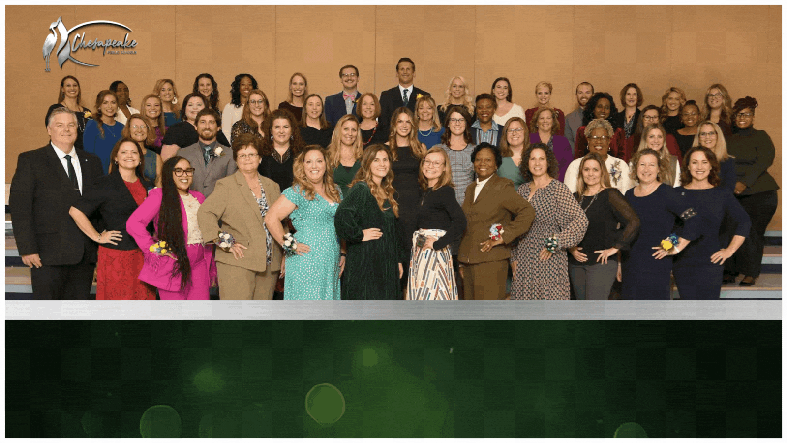 Chesapeake Public Schools Teacher of the Year 2025. 48 Teachers of the Year smiling with Dr. Cotton and Mrs. Angela Swygert.