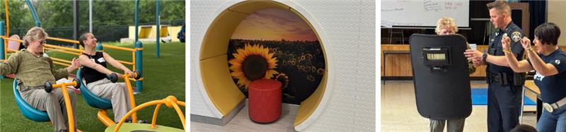  A three-panel image showing different Austin ISD updates: On the left, two adults test playground equipment on green turf; in the center, a cozy circular reading nook with a sunflower mural and red stool; on the right, a police officer demonstrates safety techniques with a shield to two adults in a training setting.