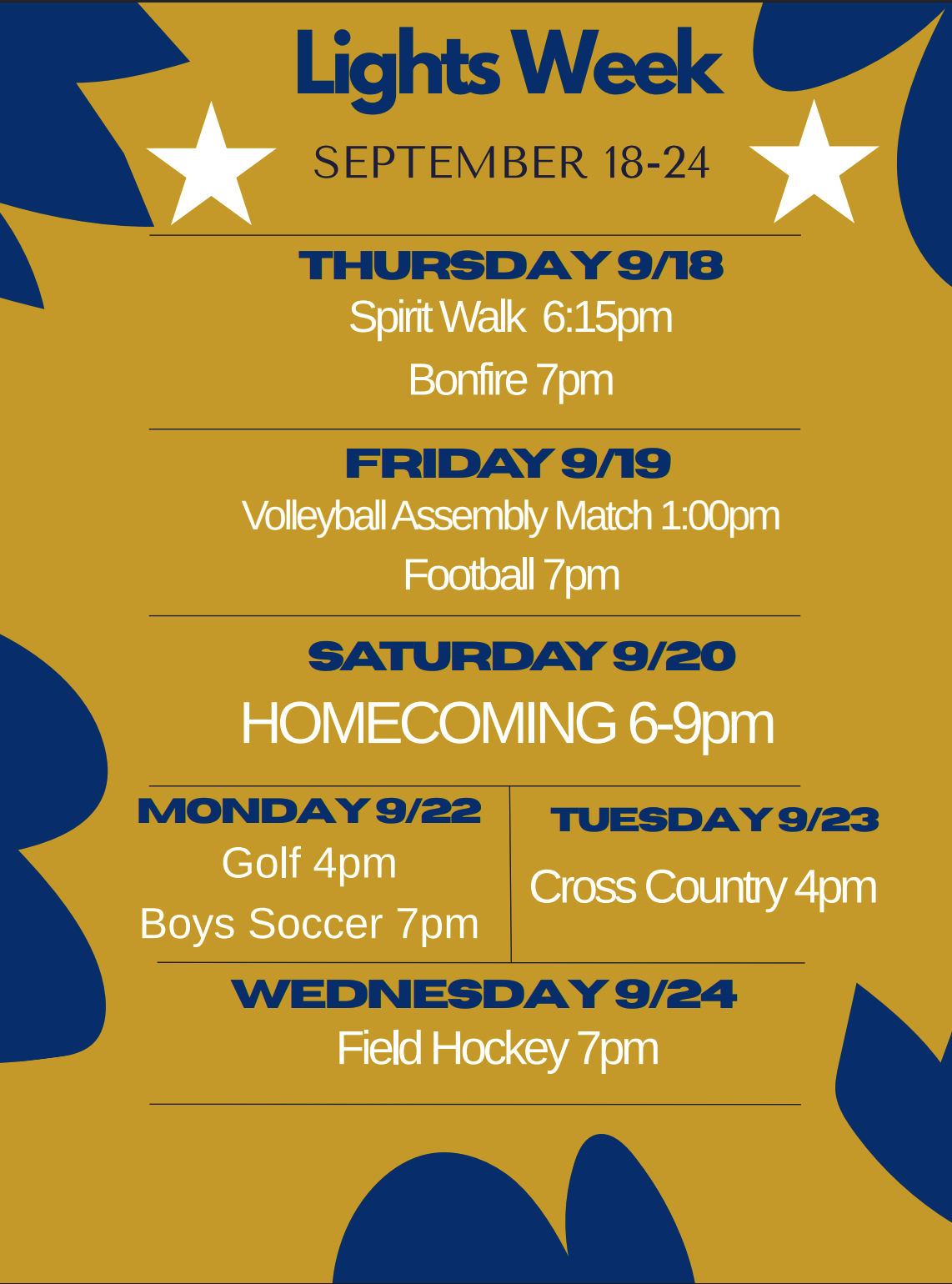 lights week schedule - also in the district calendar of events on granvillecsd.org 