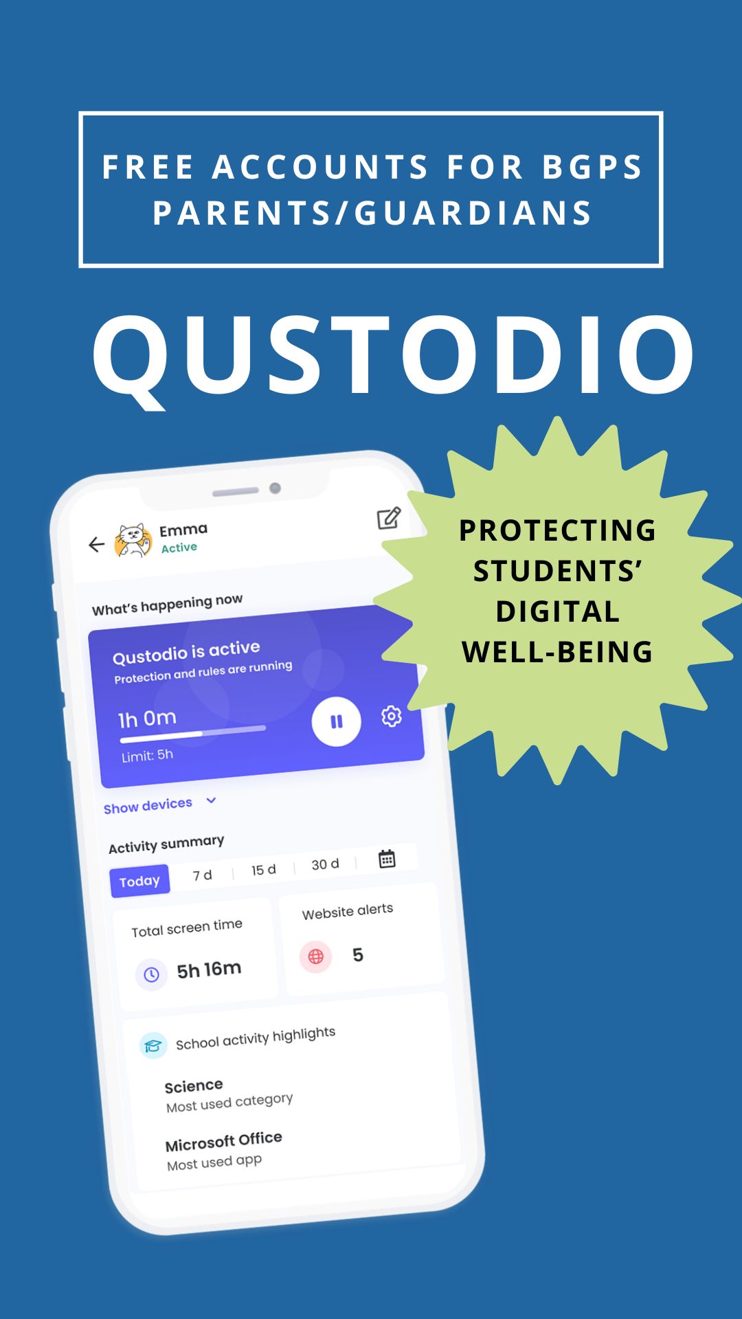 Free accounts for BGPS parents/guardians. Qustodio. Protecting students' digital well-being