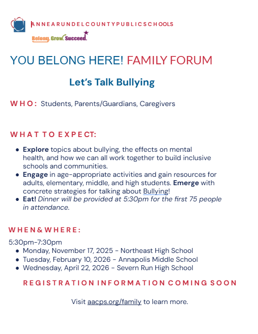 let's talk bullying family forum flyer for November 2025 - February 2026 newsletters