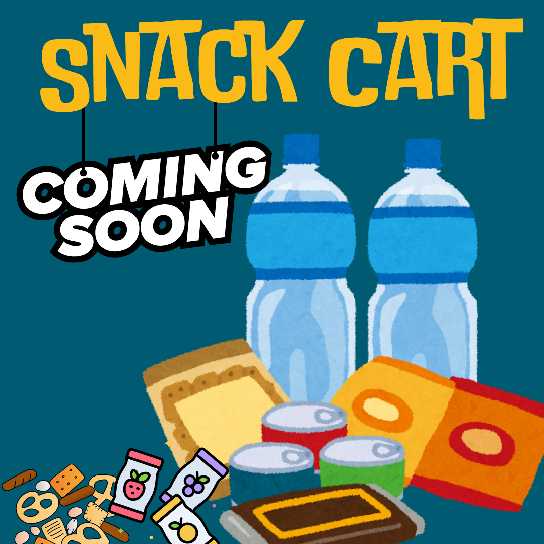 Illustration of snacks and drinks and text that reads snack Cart and Coming Soon 