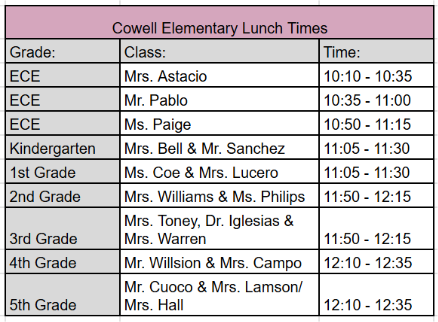 Lunch times ECE-5th grade