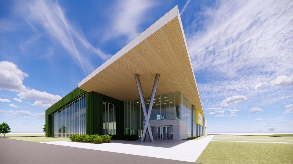 An exterior render of the Natatorium building.
