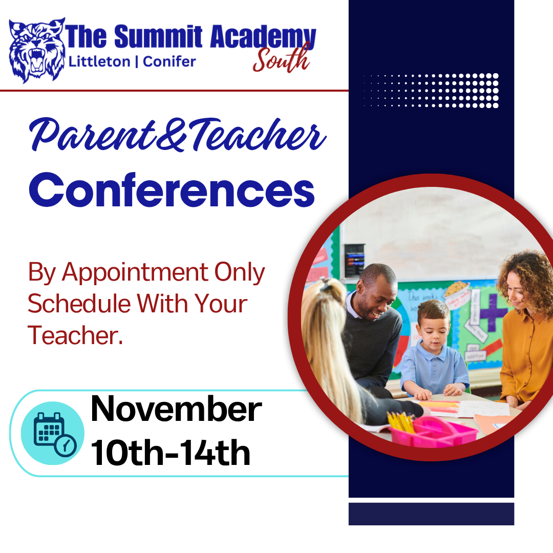 Image of a teacher with their student and parents at a table and our logo at the top and text that reads parent and teacher conferences by appointment only schedule with you teacher November 10th-14th