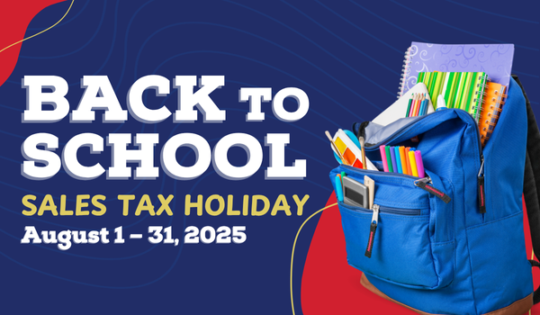 Image of a backpack stuffed with school supplies with text that reads Back to School Sales Tax Holiday August 1 - 31, 2025