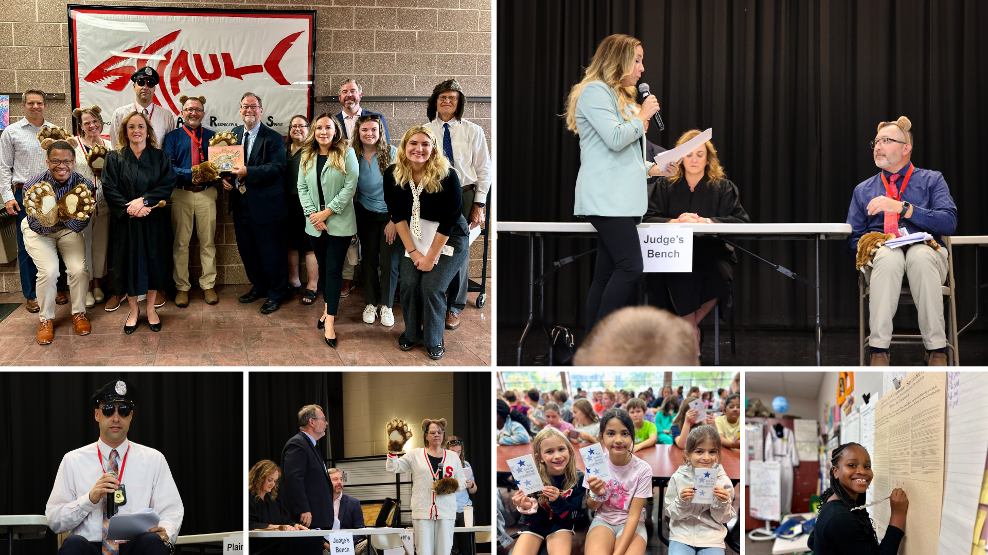 Collage of scenes from Shaull's Mock Trial and Constitution Day, featuring students and staff in courtroom-style roles.