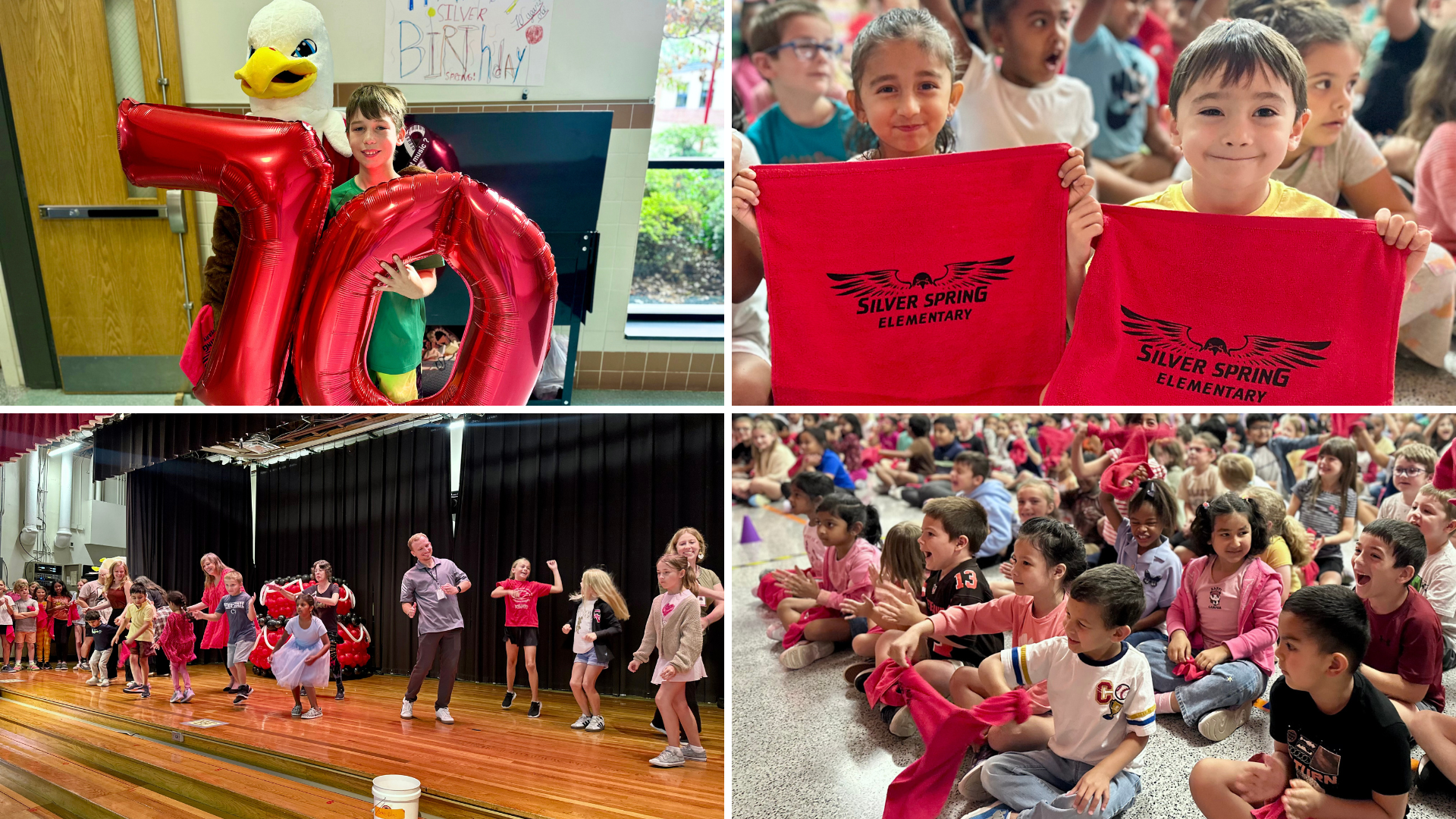 Collage of four pictures from Silver Spring Elementary's 70th anniversary assembly.
