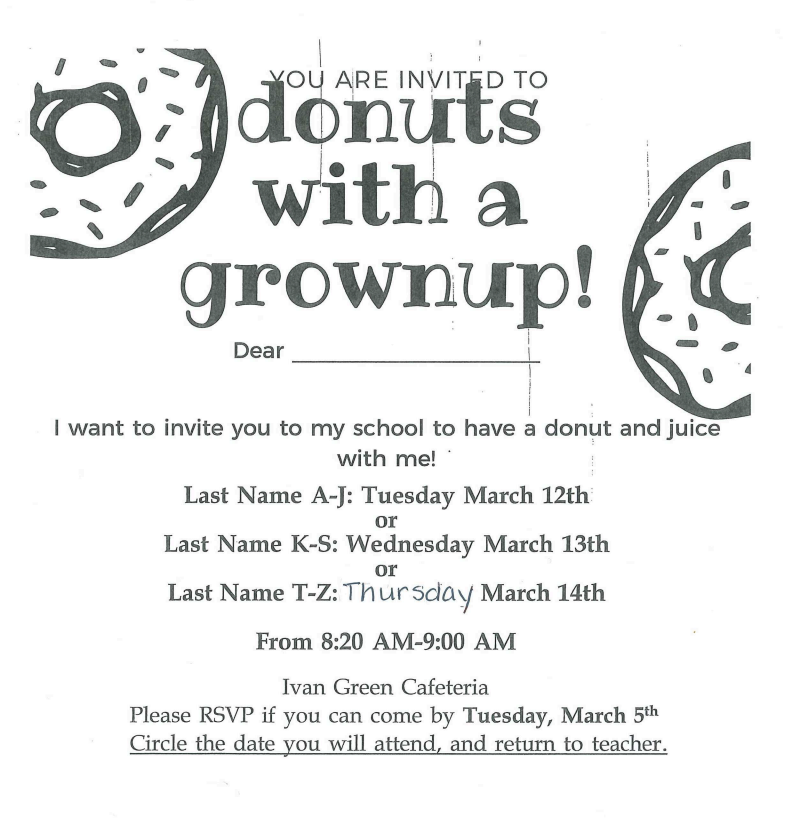 Donuts with a Grownup March 13, 14, or 15