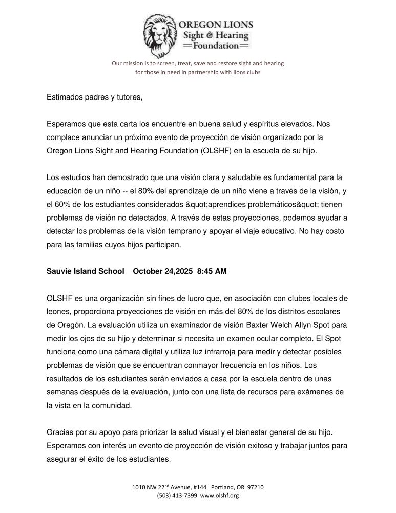 vision screening info sheet spanish