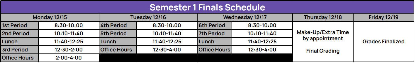 Semester 1 finals schedule