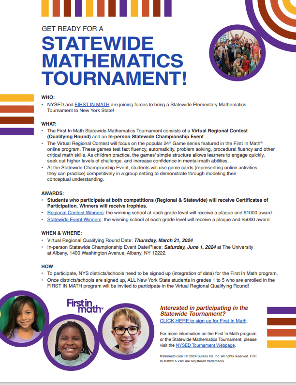 Statewide Math Tournament. Call the main office for details.