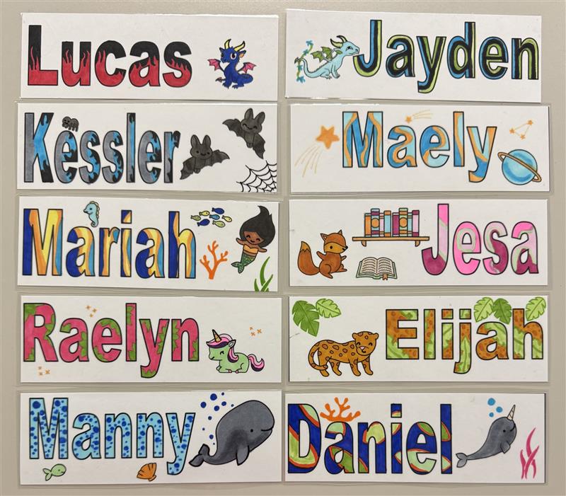 10 name tags for the new 6th graders as described above
