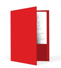 open red folder standing up with papers inside