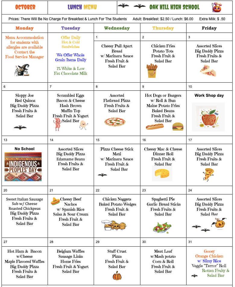 Oct. Lunch Menu