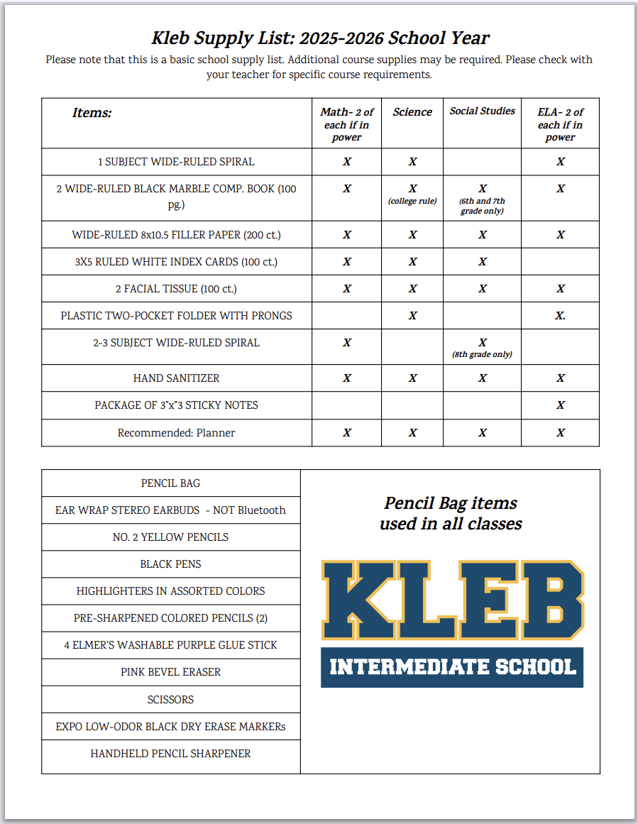 School Supplies List