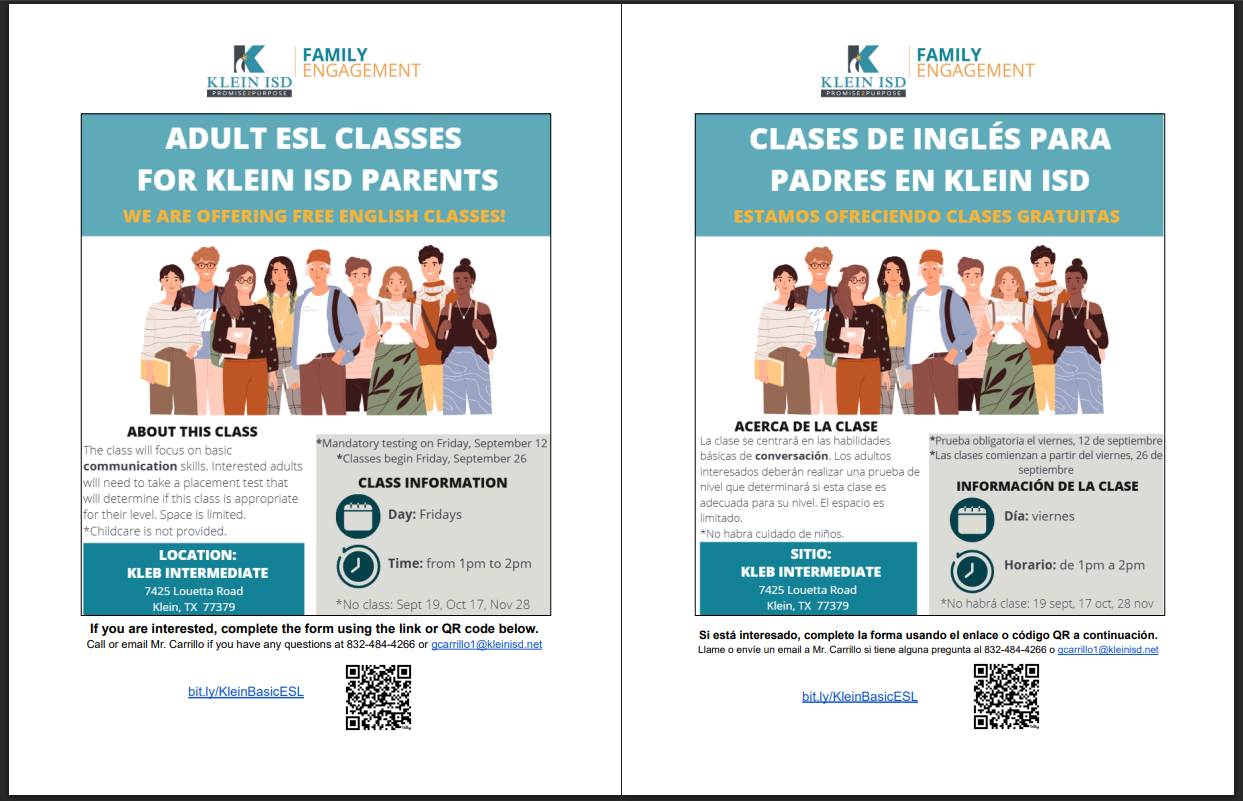 Images in English and Spanish detailing adult ESL courses