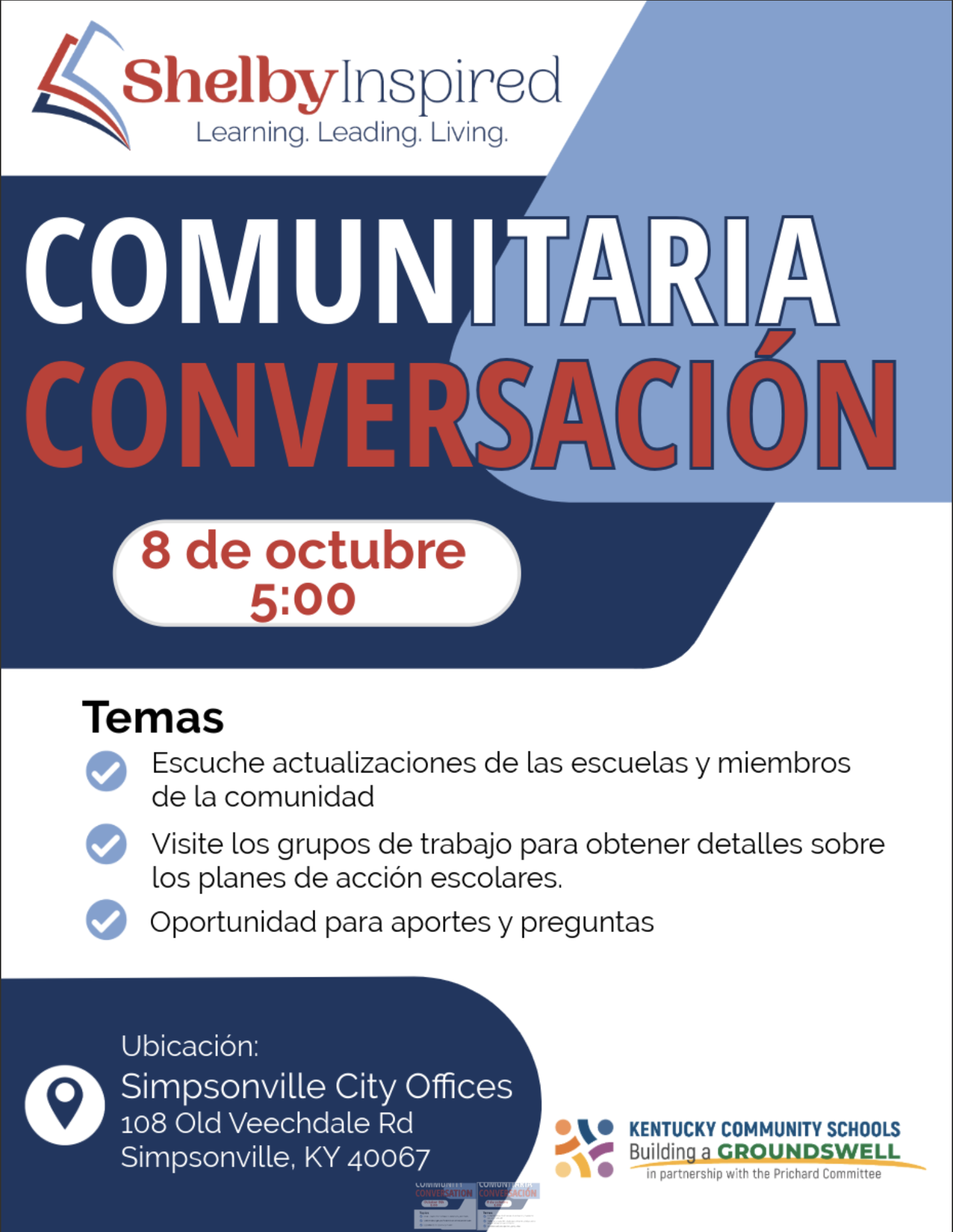 SCPS llevará a cabo conversaciones comunitarias el 8 de octubre a las 5:00 pm en las oficinas de la ciudad de Simpsonville, 108 Veechdale Road. ¡Esperamos verte allí!