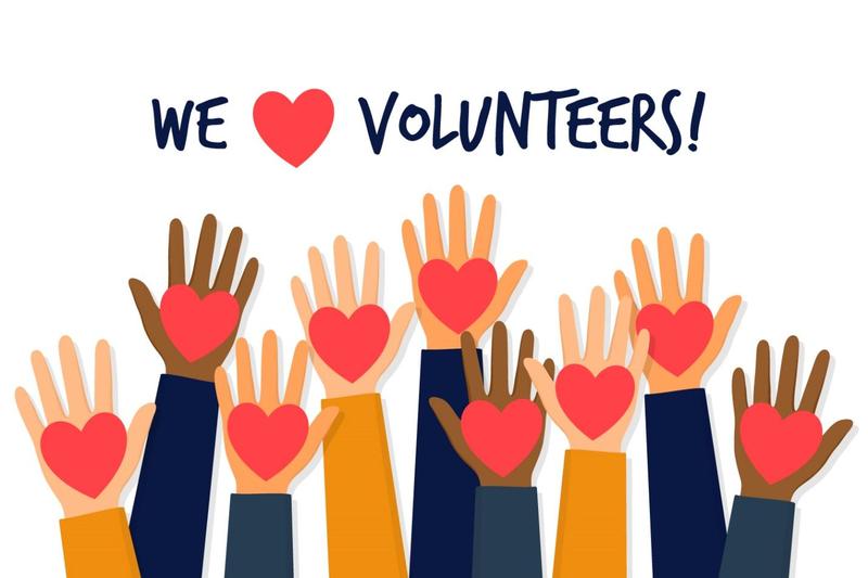 Image with hearts and hands saying We love volunteers