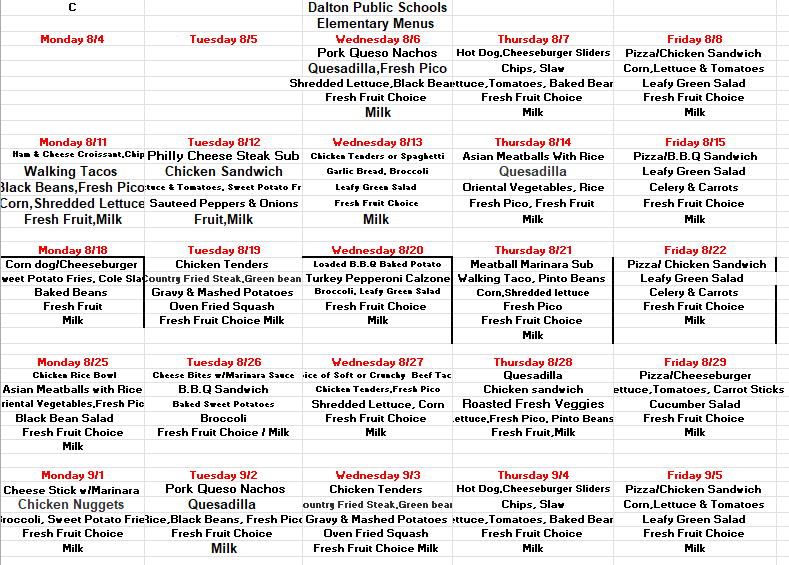 August 2025 Lunch Menu