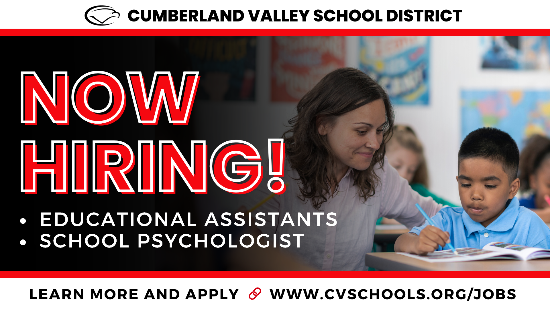 Cumberland Valley School District hiring announcement for multiple positions with application link.