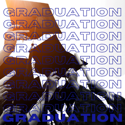 An image of graduates holding up their caps and rolled diplomas and text that is over that reads graduation 