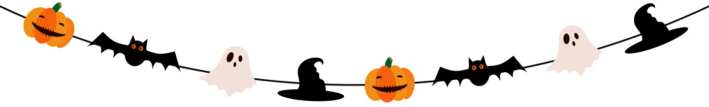 pumpkins, bats and ghost on a string