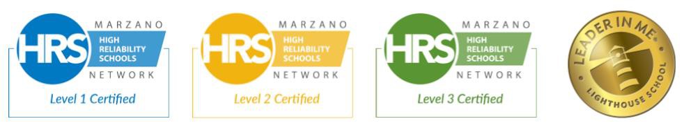 Four circular badges showing certifications: HRS Level 1 Certified in blue, Level 2 Certified in yellow, Level 3 Certified in green, and a gold Leader in Me Lighthouse School seal.
