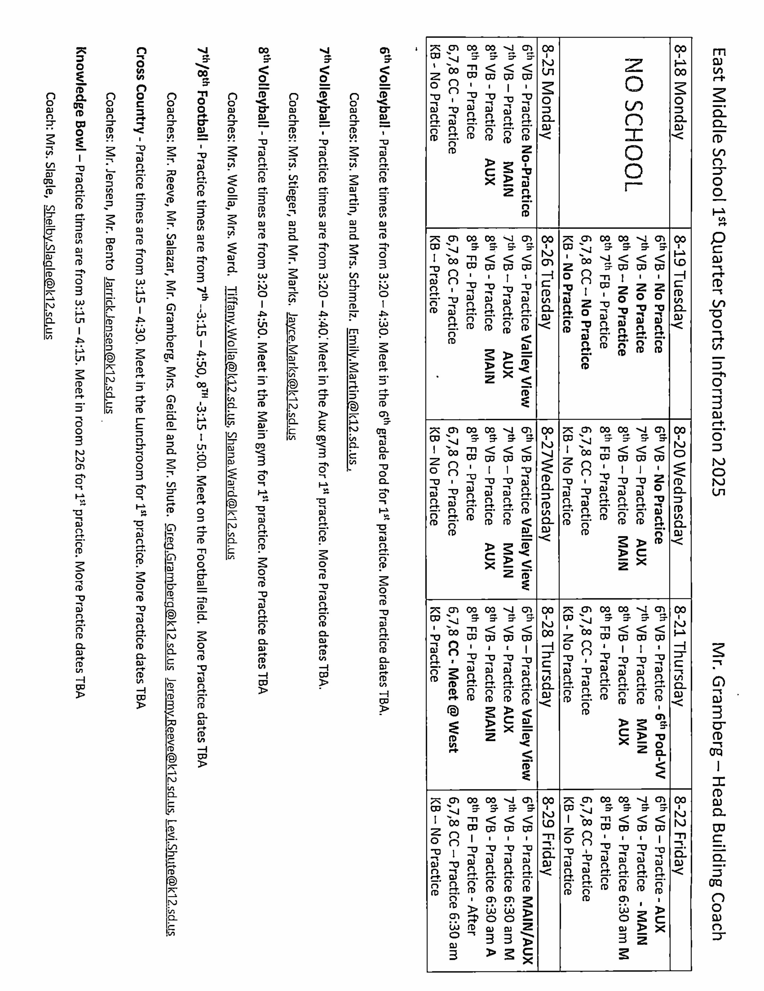 Practice schedule for quarter 1 sports, volleyball and football