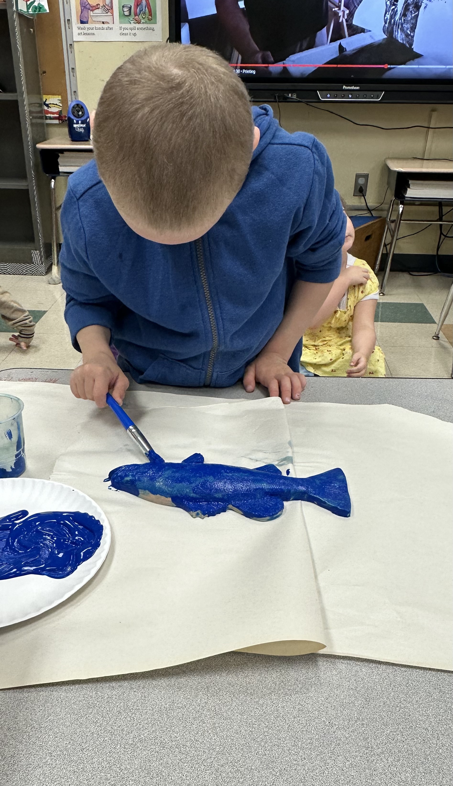 MJT student practice painting - blue paint fishing