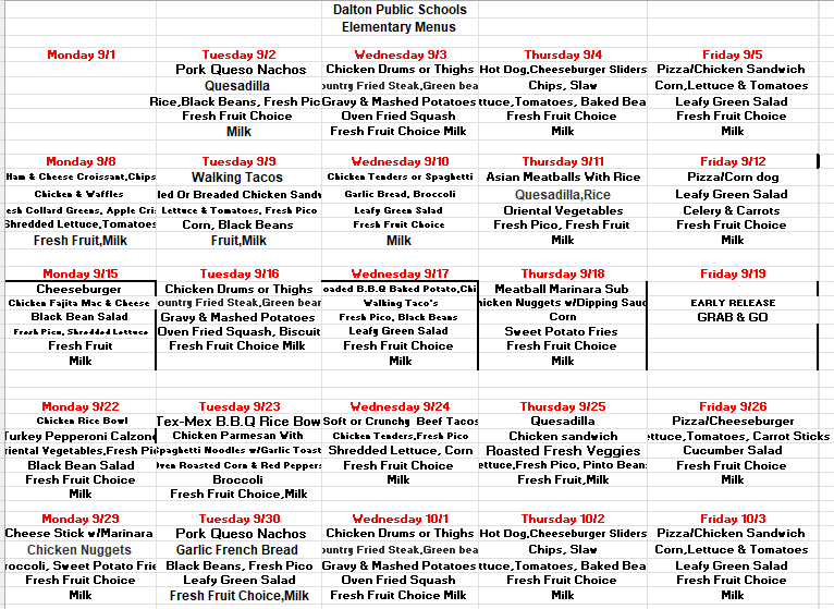 September lunch menu