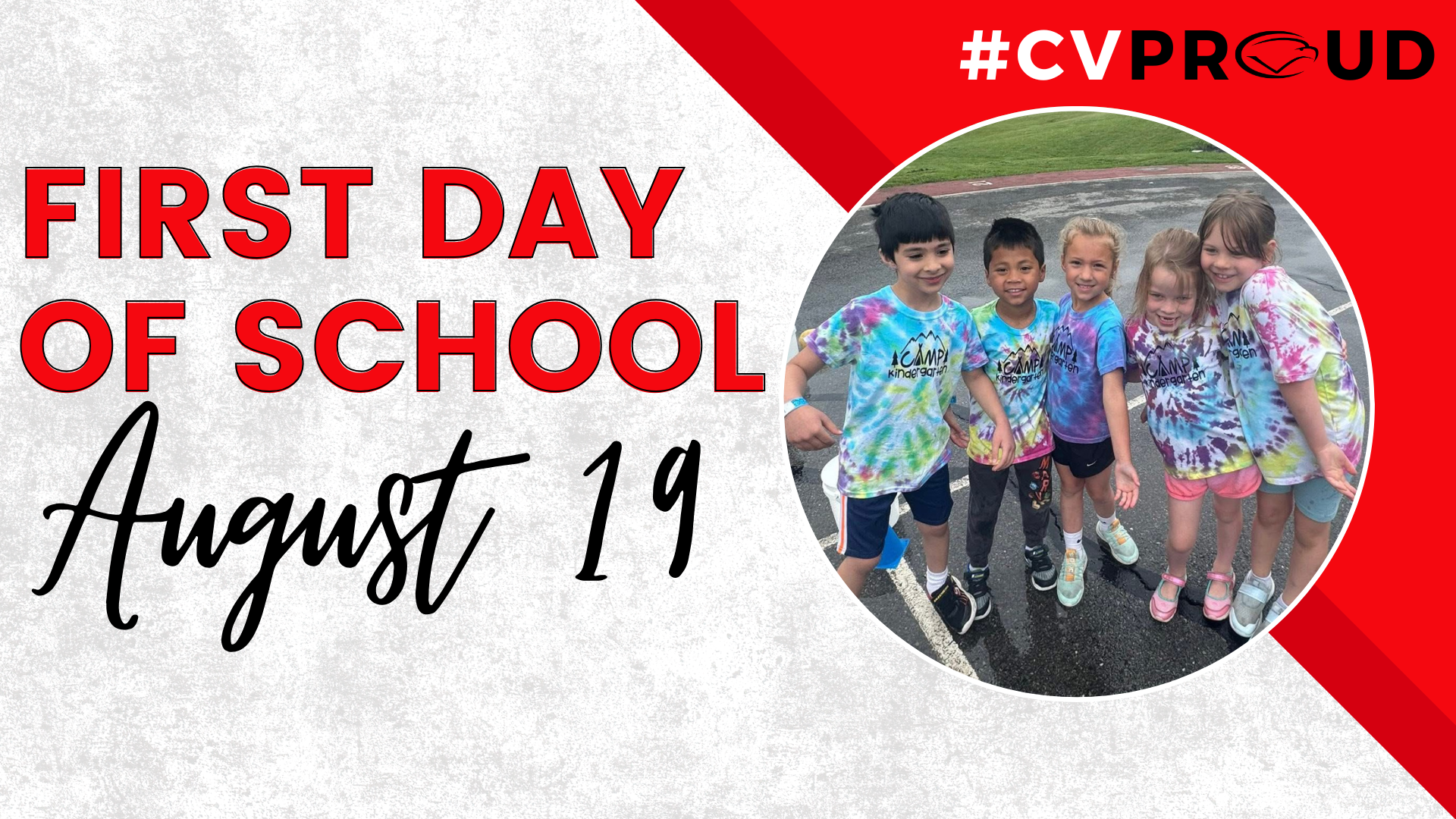 Decorative image showing kids in tie-dye shirts on the playground with text that reads "First Day of School, August 19."