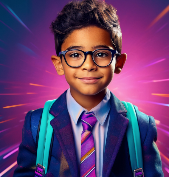 elementary boy with glasses and blue backpack straps