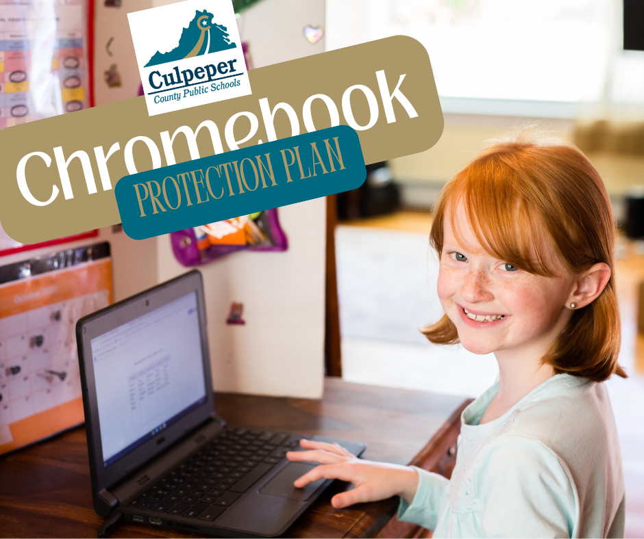 young red haired girl at a desk using a chrombook smiling with text at the top that says Chromebook Protection Plan and the CCPS logo