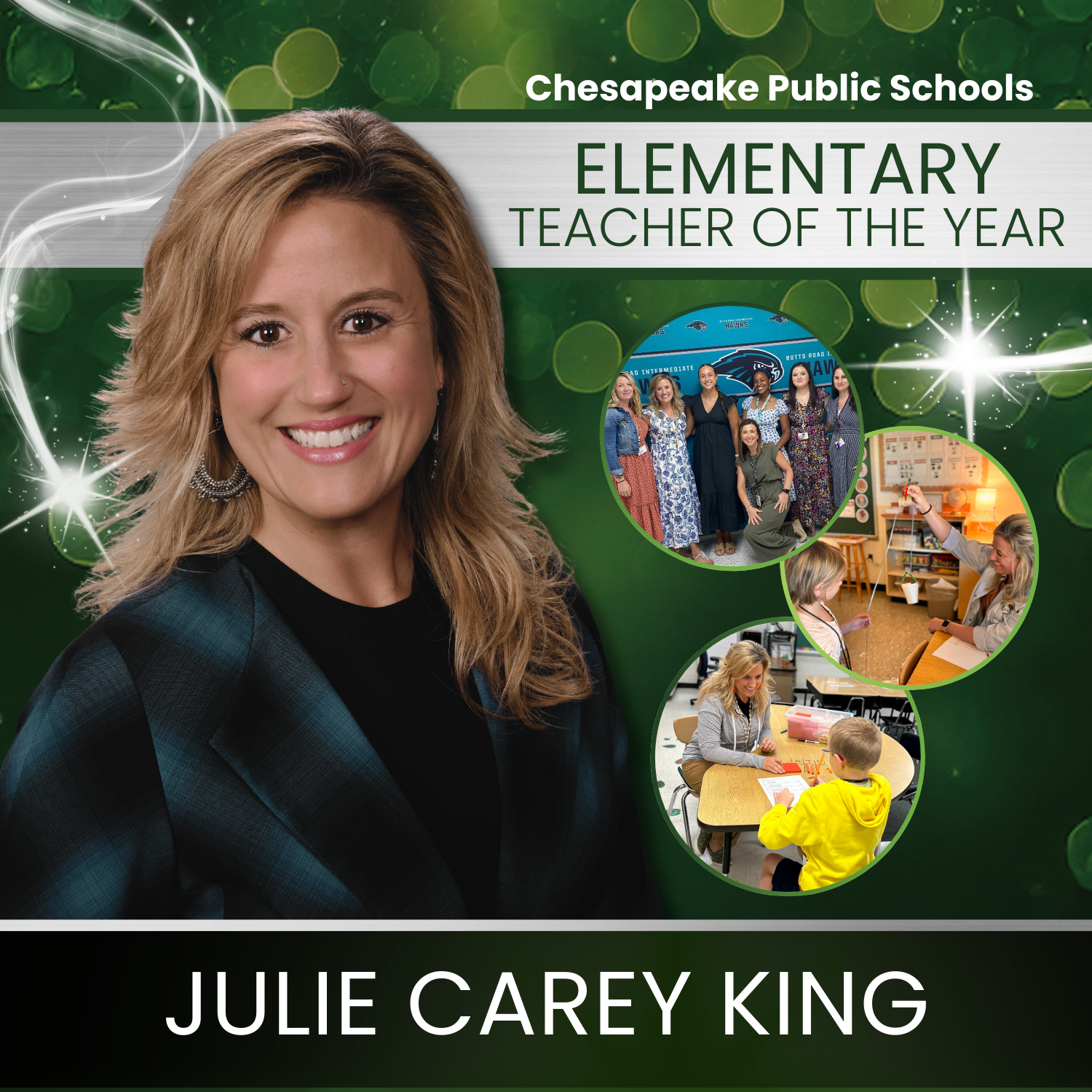 Chesapeake Public Schools Elementary Teacher of the Year Julie Carey King. Julie smiling.