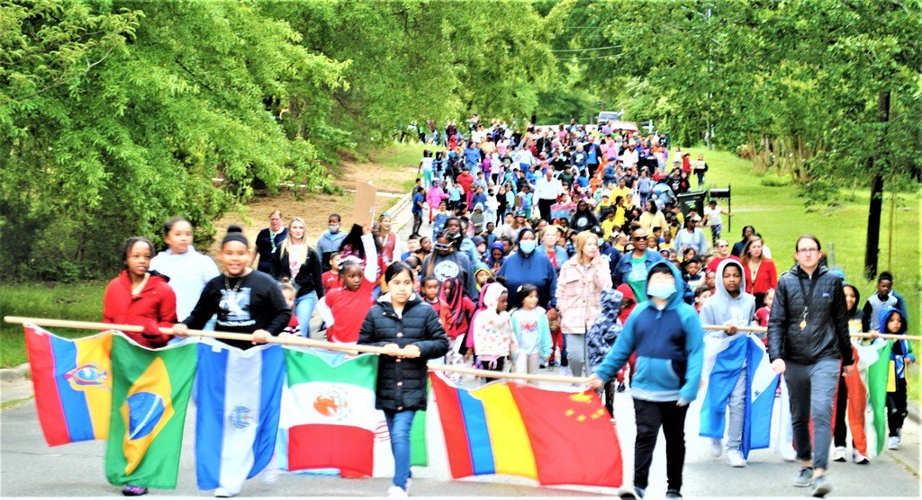 group walking to school together