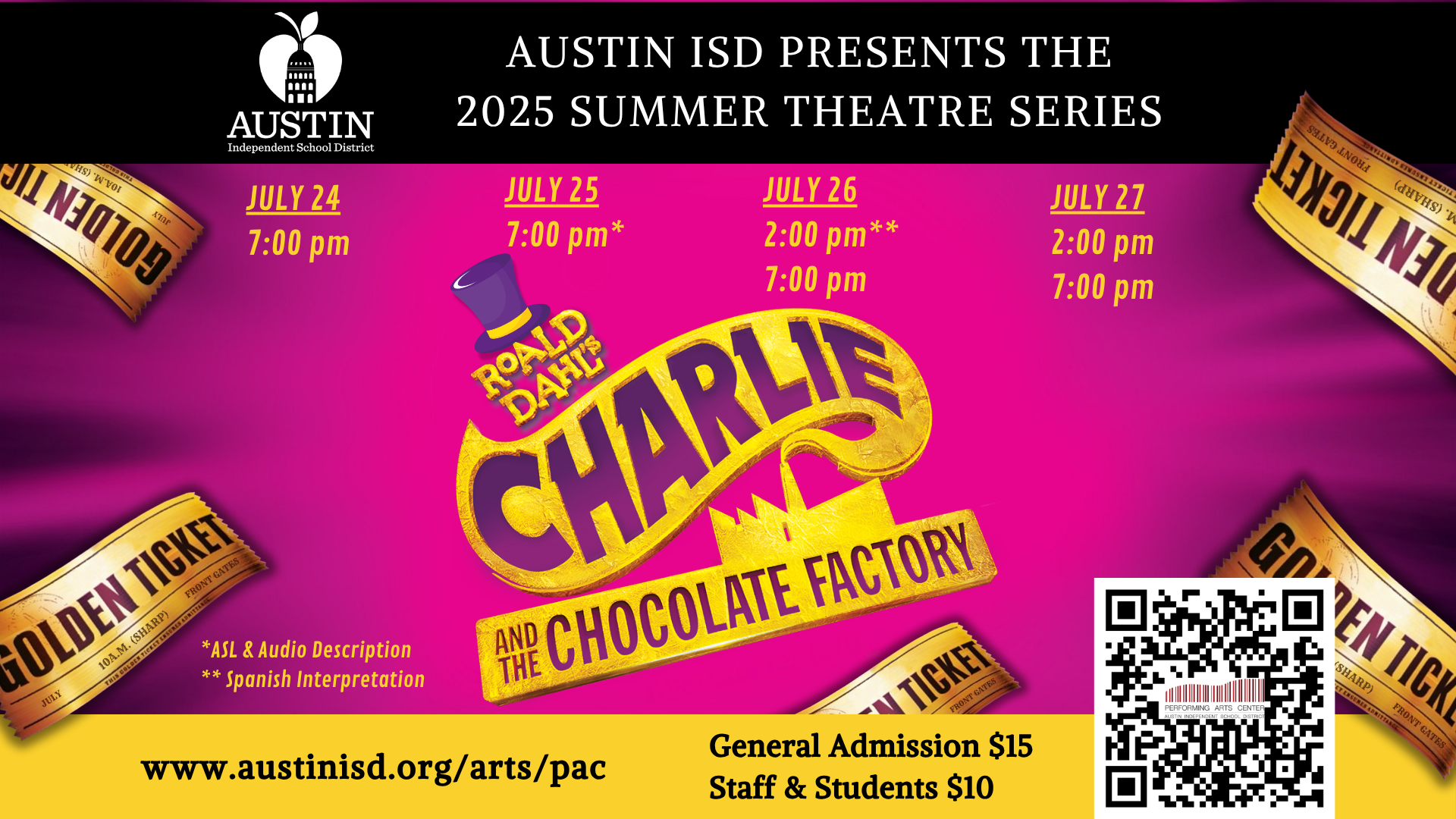 Austin ISD presents the 2025 summer theatre series Chocolate and the Chocolate Factory July 24th through July 27