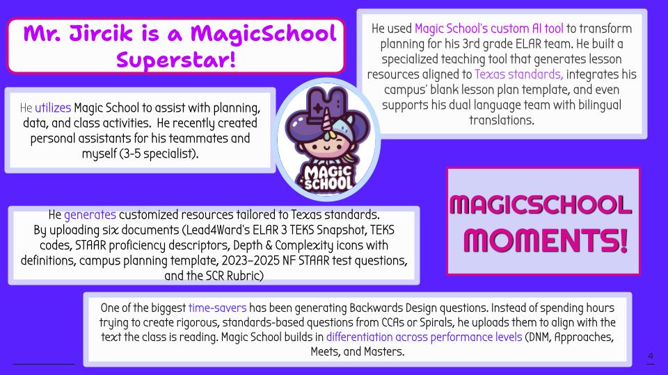 A newsletter graphic titled "Mr. Jircik is a MagicSchool Superstar!" highlighting how a 3rd grade ELAR teacher uses MagicSchool. Top left: He utilizes MagicSchool for planning, data, and class activities, and created personal assistants for his teammates and specialist. Top right: He used MagicSchool’s custom AI tool to transform lesson planning, generating resources aligned to Texas standards, integrating lesson plan templates, and supporting bilingual translations. Bottom left: He generates customized resources by uploading documents such as TEKS snapshots, STAAR proficiency descriptors, Depth & Complexity icons, and STAAR test questions. Bottom right: MagicSchool saves time by generating Backwards Design questions, aligning with student reading levels, and building in differentiation across performance levels (DNM, Approaches, Meets, Masters). Center: MagicSchool cartoon mascot with a wizard hat. Bottom right corner text reads MagicSchool Moments! with a purple background.