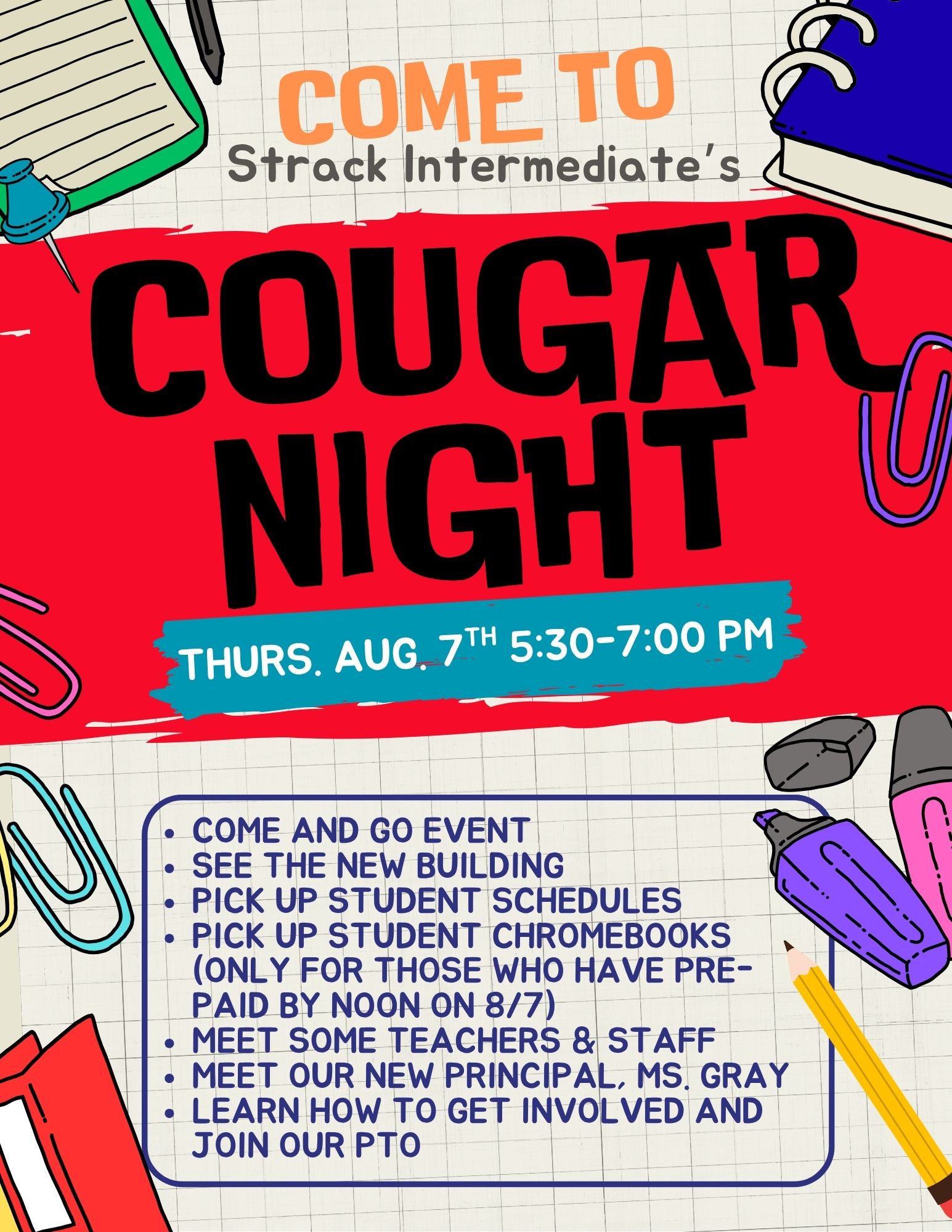 flyer regarding cougar night for August 7th, 5:30 to 7:00 PM