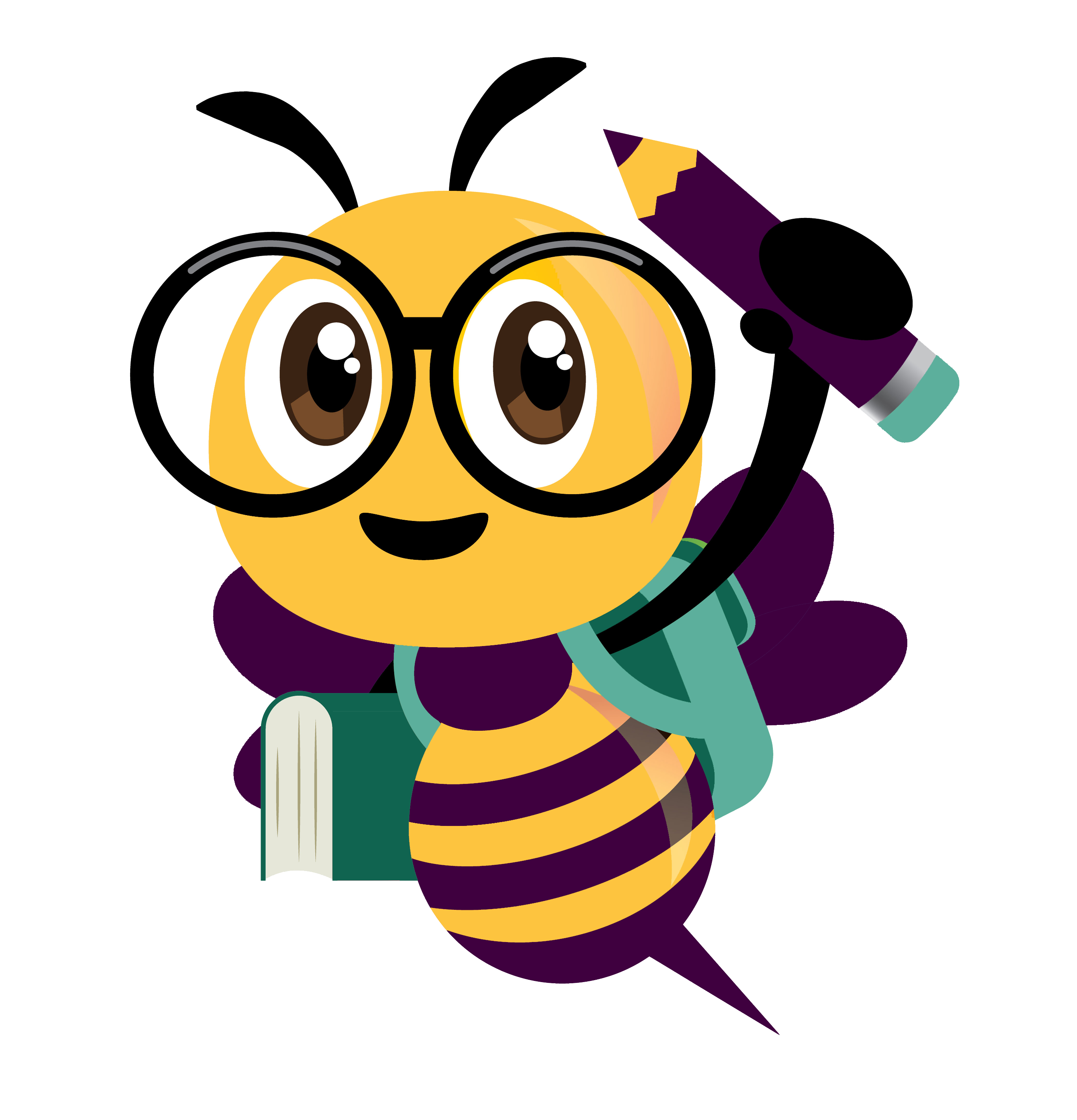 a bumble bee holding a pencil and a book