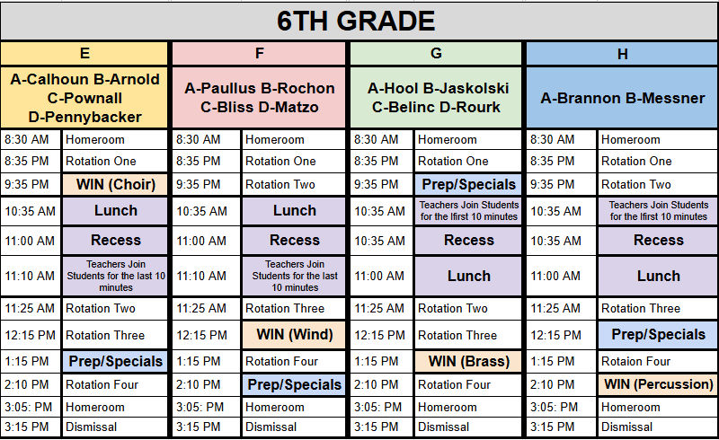 6th grade schedule
