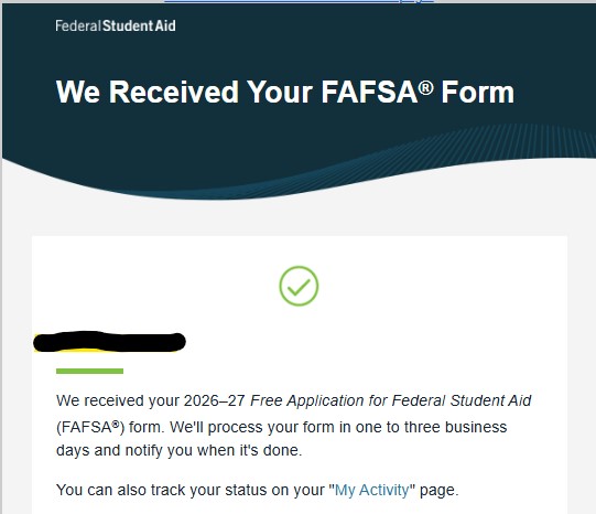FAFSA Confirmation Email example